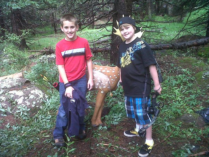 IMG00120-20100724-1446.jpg - 3 kills.  Tate from 15yds, Jake from 30yds, and me from 42yds.  Jake's arrow is touching mine...  He was excited as this was his first 30yd 3D attempt.